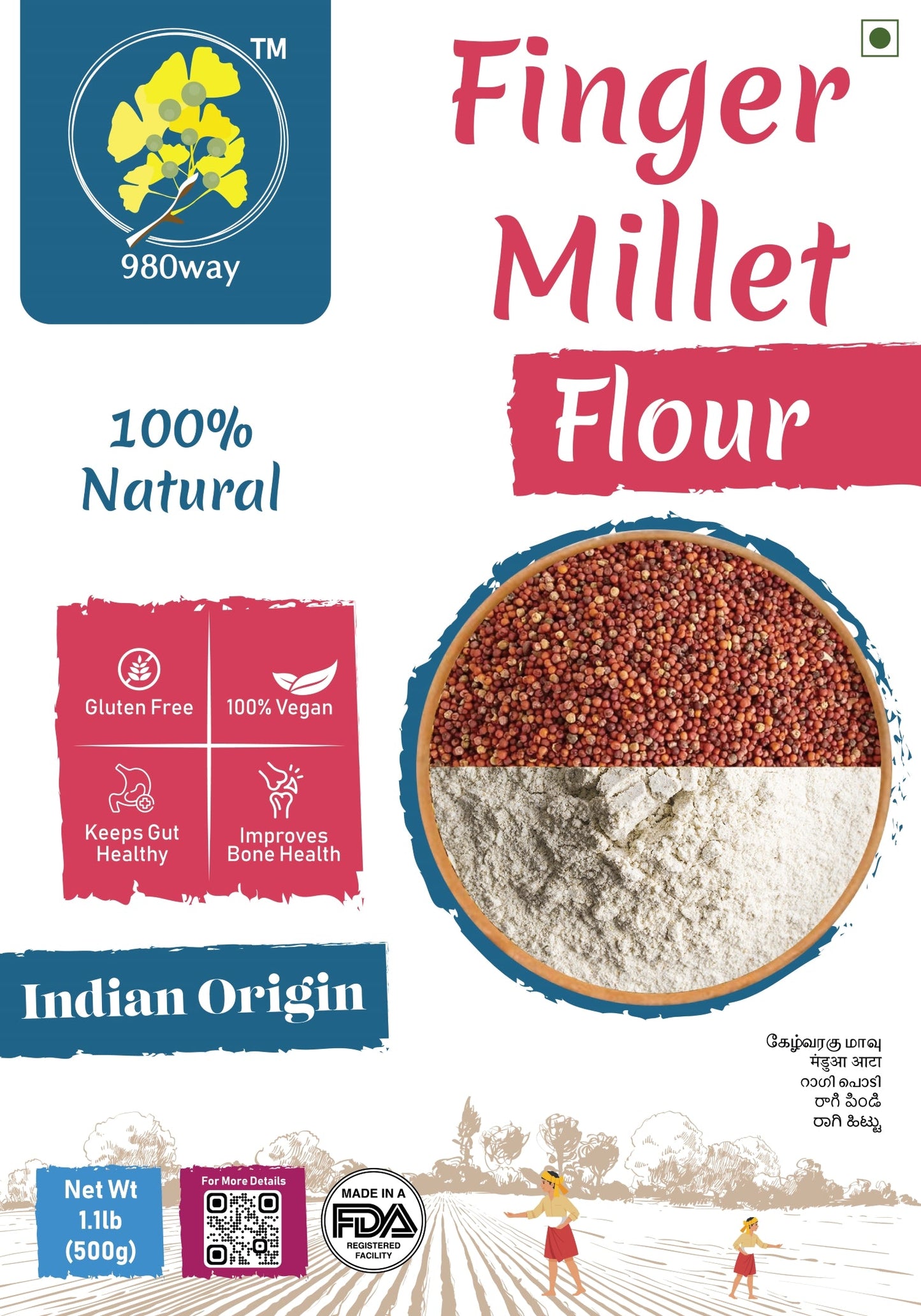 Finger (Ragi) Millet Flour - 500 gms (1.1 lbs)