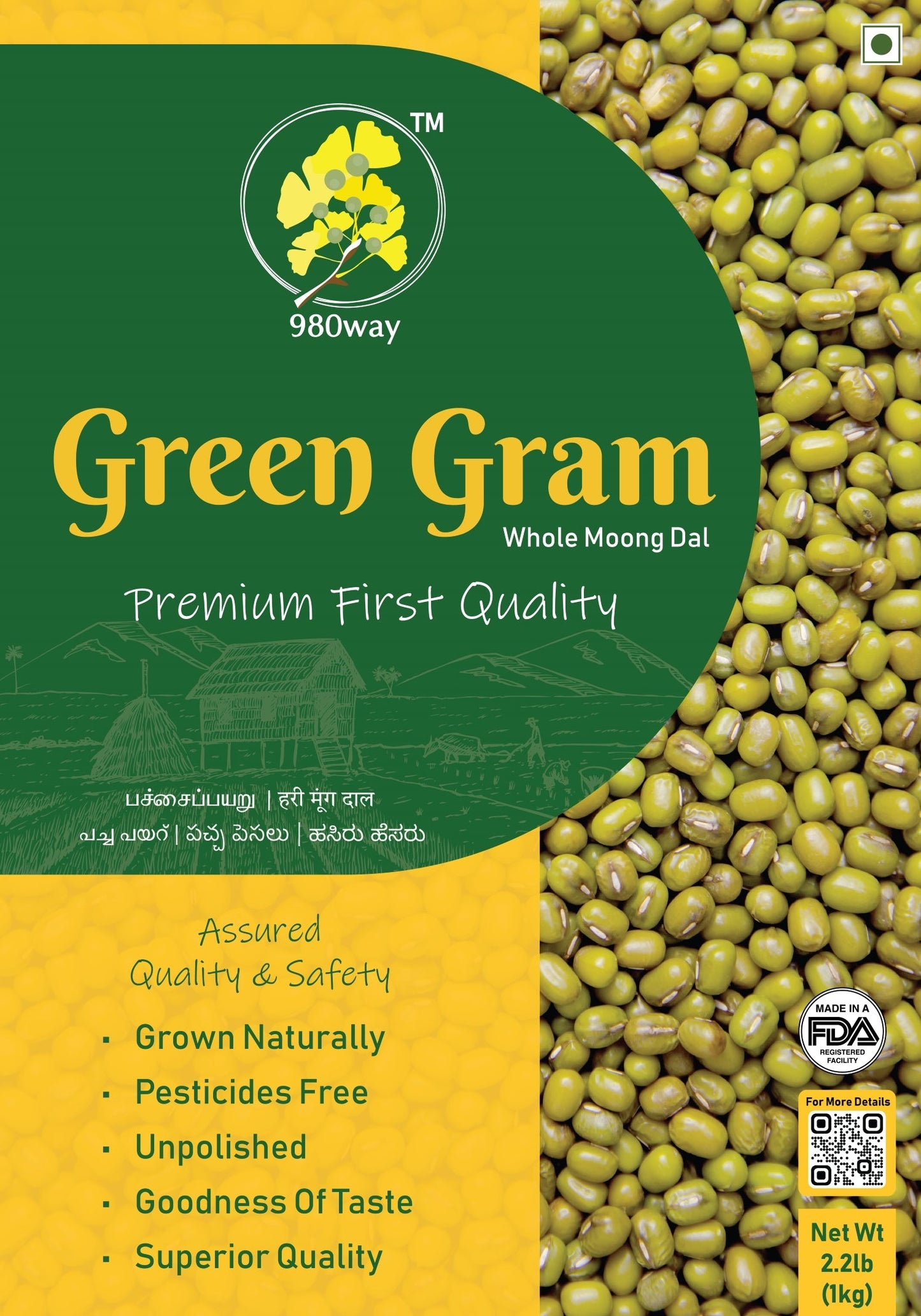 Green Gram Whole (Moong) Dal - 1000 gms (2.2 lbs)