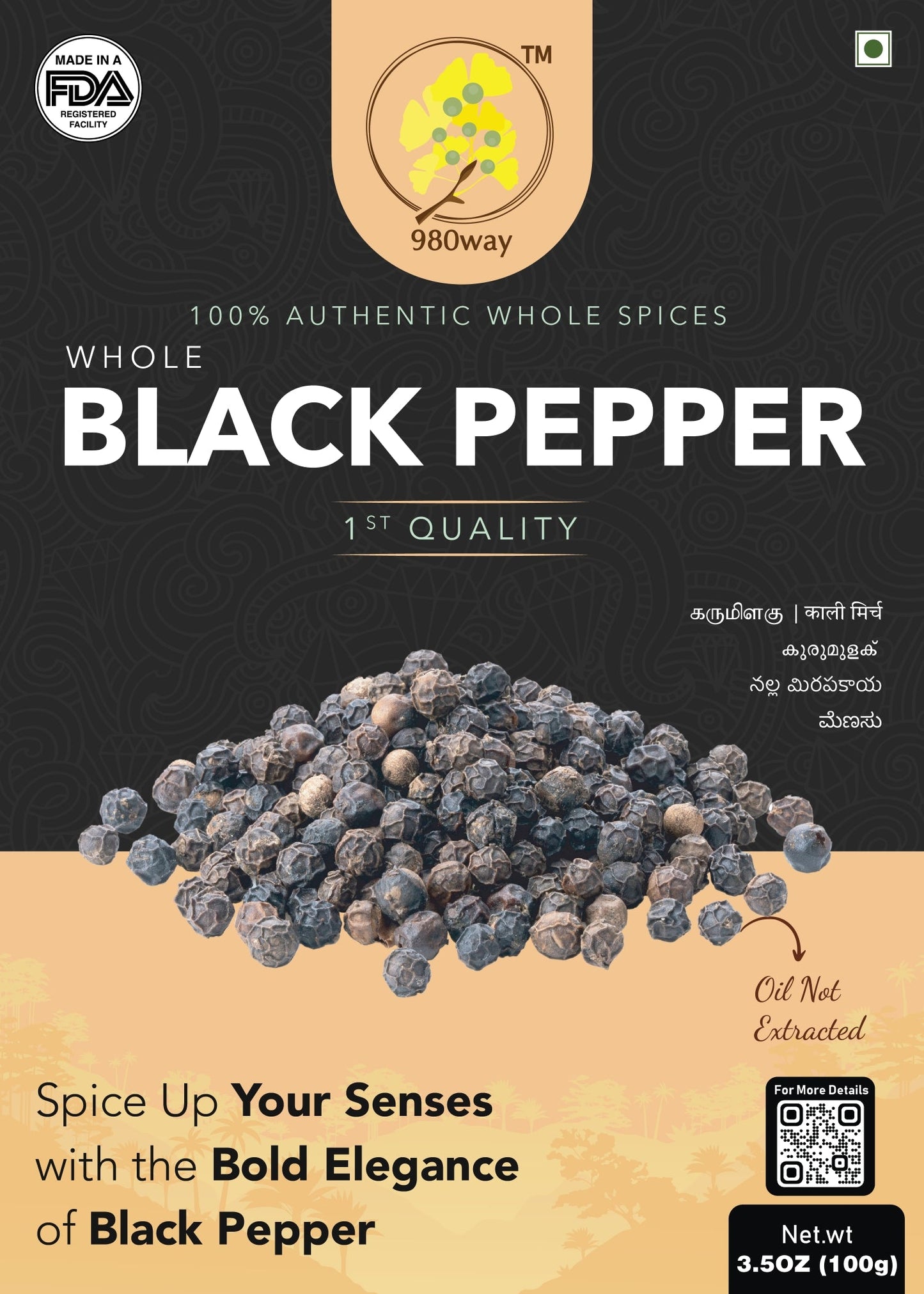 Whole Black Pepper - 100 gms (3.53 oz)